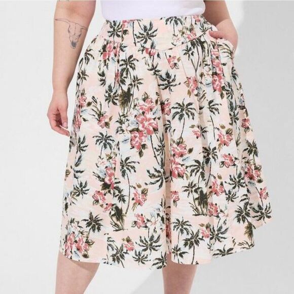 Torrid Plus Size 14 Midi Poplin High Waist Skirt, Tropic Palm Trees - Picture 2 of 6